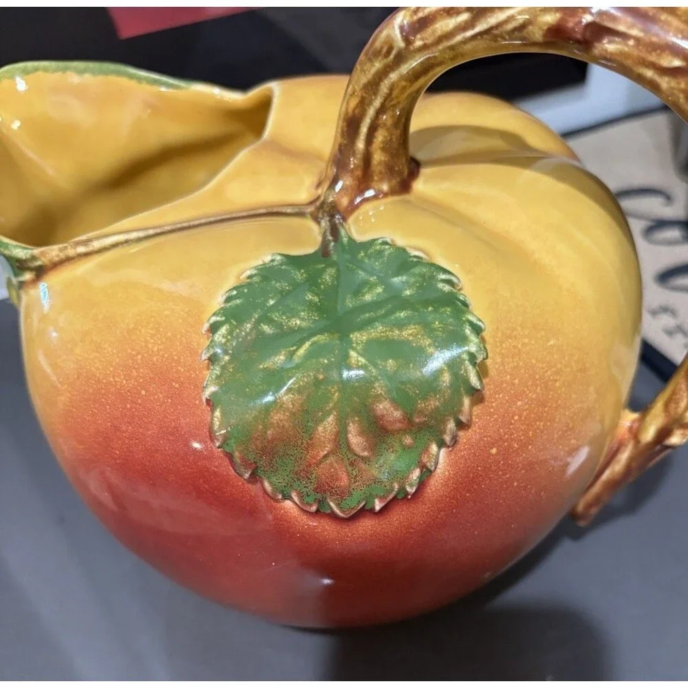 Vintage Peach Pitcher, Colorful Ceramic Fruit Pitcher Clean Shiny Glaze 7” Tall